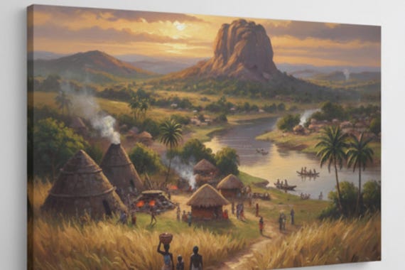 African Village Landscape Wall Art, Sunset River Painting, Cultural Heritage Canvas Print, Traditional African Home Decor, Large Vista posta