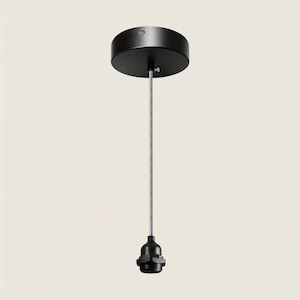 May include: A matte black pendant light fixture featuring a circular ceiling canopy, a thin vertical rod, and a matching black socket at the base. The design is simple and functional, consisting of a round mounting plate connected to a straight metal stem that terminates in a standard light bulb socket for hanging illumination.