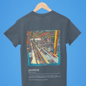 Può includere: Una maglietta grigio scuro con un'illustrazione colorata di una rete complessa di tubi e fili. L'illustrazione è incorniciata da un bordo blu e la parola "pentest" è scritta sotto l'immagine con una definizione.