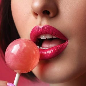 May include: Close-up of a person's face with bright pink lipstick and a pink lollipop. The lollipop is round and held near the open mouth. The background is a solid pink color.
