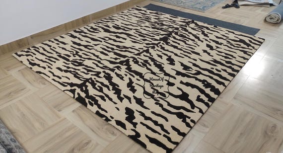 Hand-Tufted Animal Print Beige-Brown Wool Rug - Modern Geometric Rug for Living, Bedroom, Hall, Office - 5x7, 8x10, 9x12 Area Rug