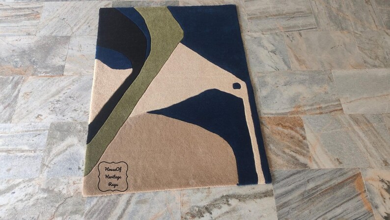 Handtuftad geometrisk modern ullmatta – Grön modern matta från mitten av århundradet för sovrum, vardagsrum, blå och grön abstrakt matta 8x10, 9x12 bild 3