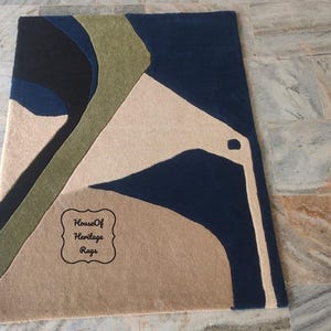 Handtuftad geometrisk modern ullmatta – Grön modern matta från mitten av århundradet för sovrum, vardagsrum, blå och grön abstrakt matta 8x10, 9x12 bild 7