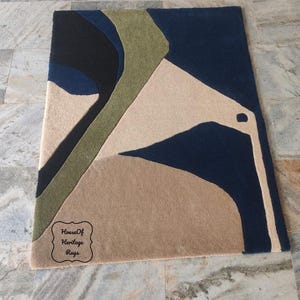 Handtuftad geometrisk modern ullmatta – Grön modern matta från mitten av århundradet för sovrum, vardagsrum, blå och grön abstrakt matta 8x10, 9x12 bild 10