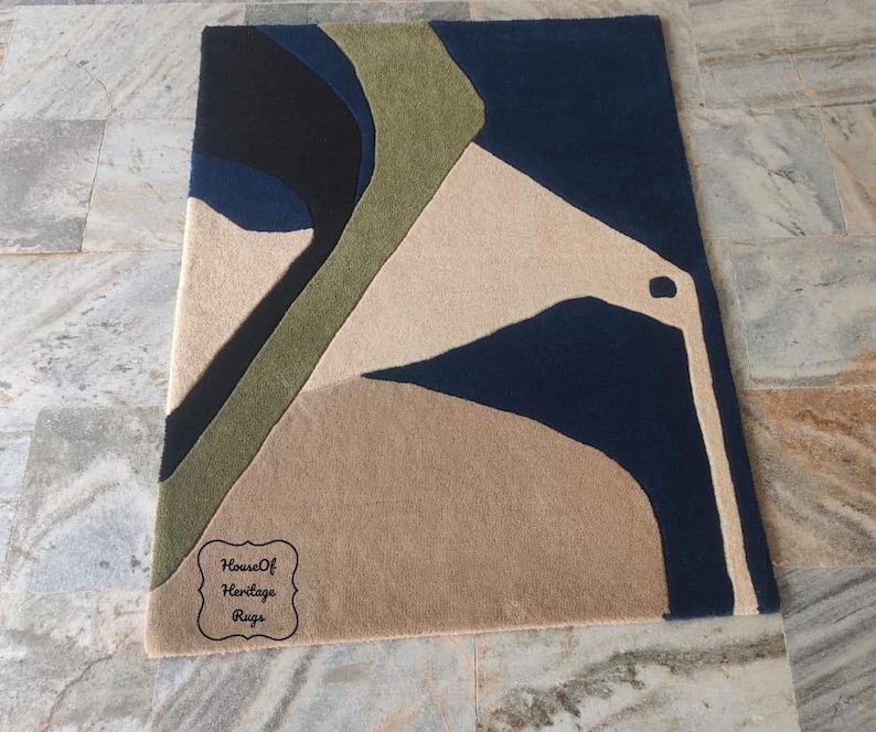 Handtuftad geometrisk modern ullmatta – Grön modern matta från mitten av århundradet för sovrum, vardagsrum, blå och grön abstrakt matta 8x10, 9x12 bild 10