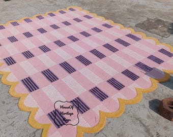 Hand Tufted Pink Checkered Carpet, Scalloped Edge Wool Rug, Modern Nordic Area rug Decor