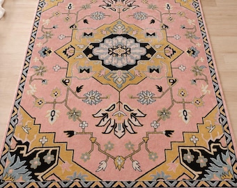 Tapis à motifs floraux roses | Tapis en laine tufté à la main