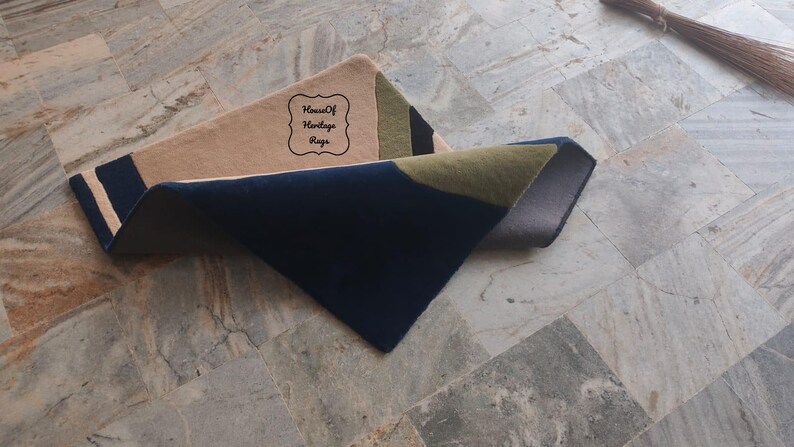 Handtuftad geometrisk modern ullmatta – Grön modern matta från mitten av århundradet för sovrum, vardagsrum, blå och grön abstrakt matta 8x10, 9x12 bild 2