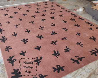 Tapis en laine rose poudré, tapis moderne abstrait noir tufté à la main