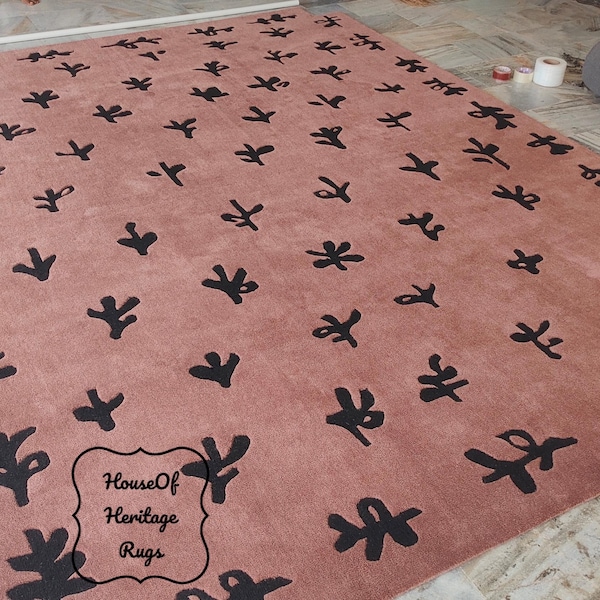 Blush Pink Wool Rug, Hand Tufted Black Abstract Modern Area Carpet