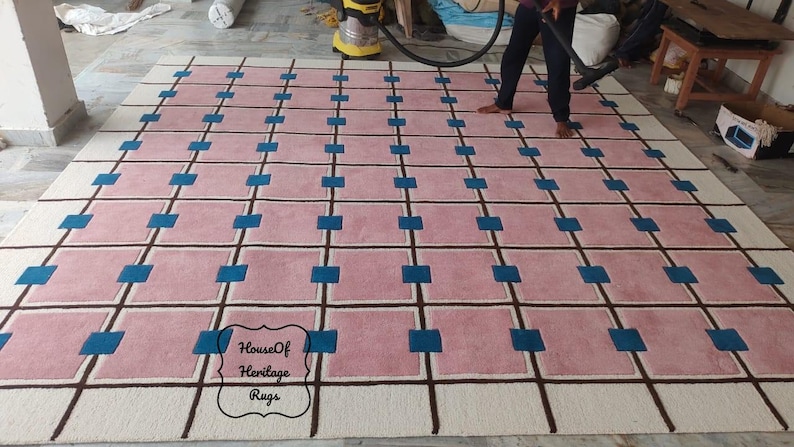 Pink Rup Pattern Luxurious Pink Check Pattern Woolen Tufted Rugs - Anthro-inspired ...