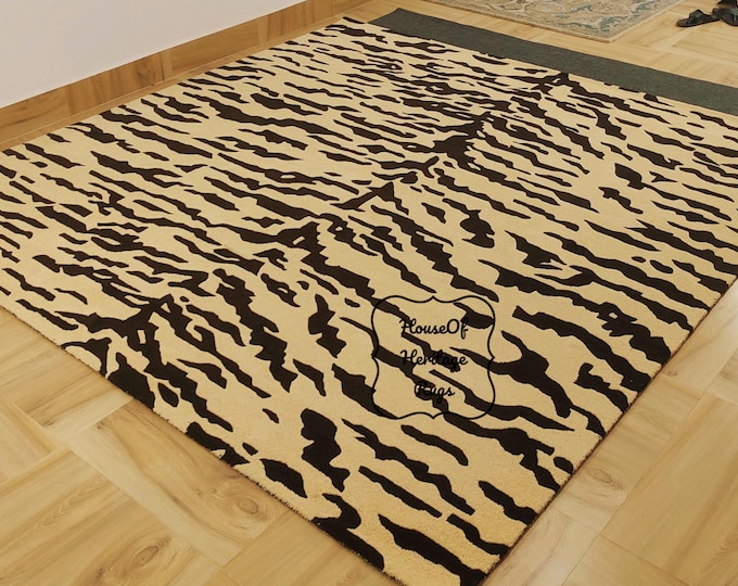 Featured listing image: Hand-Tufted Animal Print Beige-Brown Wool Rug - Modern Geometric Rug for Living, Bedroom, Hall, Office - 5x7, 8x10, 9x12 Area Rug