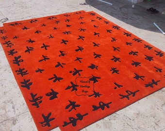 Tapis en laine abstraite capitonnée à la main Fire Script, tapis nordique géométrique audacieux pour esthétique de chambre à coucher, salon, bureau, entrée - tapis 8 x 10, 9 x 12