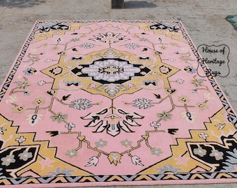 Pink Floral Wool Rug – Hand Tufted Vintage Medallion Traditional Area Carpet