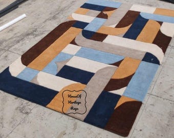 Hand-Tufted Wool Area Rug – Mid-Century Modern Geometric Carpet