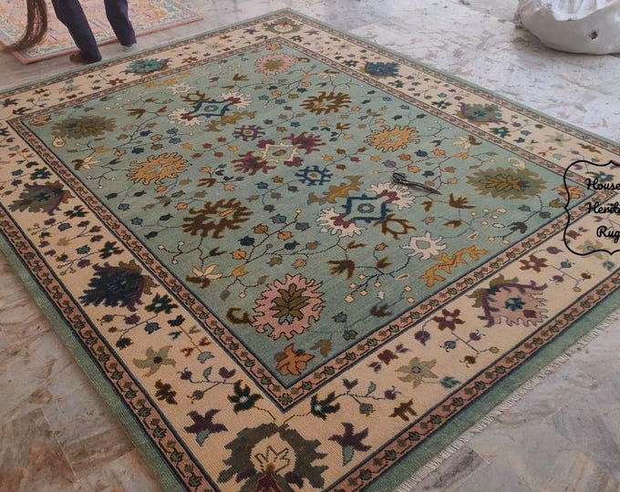 Featured listing image: Sage Green Oushak Wool Rug – Hand-Knotted Turkish Floral Carpet, Vintage Style Area Rug for Living Room or Bedroom, 8x10 9x12 Rug