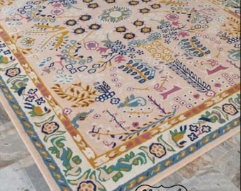 Hand Tufted Persian-inspired Pink Wool Rug, Multicolor Floral Rug for Living Room, Bedroom Aesthetic, Office, Kids Room - 8x10, 9x12 Rug