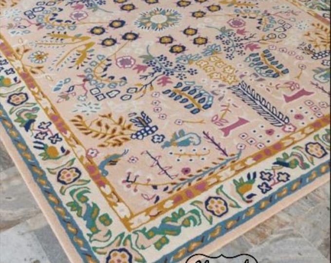 Featured listing image: Hand Tufted Persian-inspired Pink Wool Rug, Multicolor Floral Rug for Living Room, Bedroom Aesthetic, Office, Kids Room - 8x10, 9x12 Rug