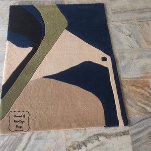 Handtuftad geometrisk modern ullmatta – Grön modern matta från mitten av århundradet för sovrum, vardagsrum, blå och grön abstrakt matta 8x10, 9x12 bild 8