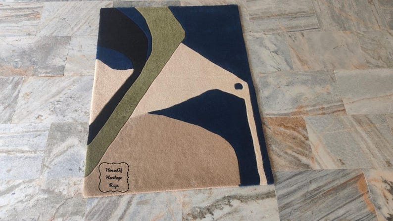 Handtuftad geometrisk modern ullmatta – Grön modern matta från mitten av århundradet för sovrum, vardagsrum, blå och grön abstrakt matta 8x10, 9x12 bild 8