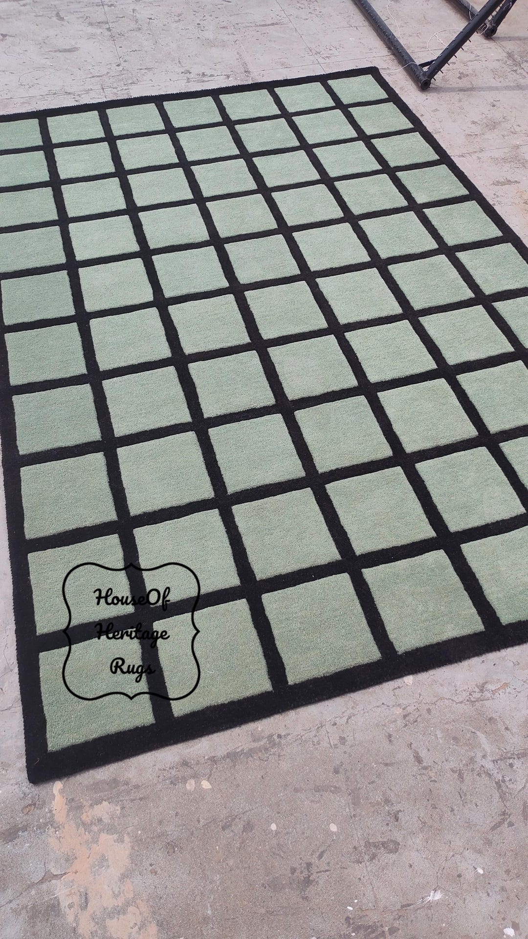 Sage Green Grid Tufted Rug – Modern Handmade Wool Carpet With Black ...
