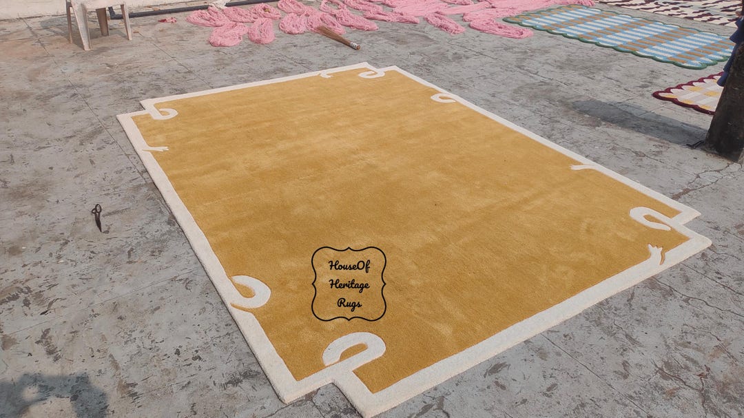 Wool Loop Border Rug Mustard Loop Wool Rug With Ivory Border – Handmade Modern Area Rug - Etsy