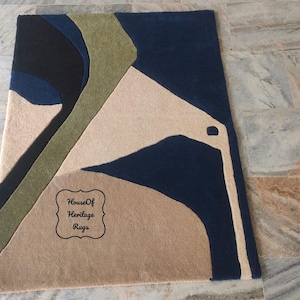 Handtuftad geometrisk modern ullmatta – Grön modern matta från mitten av århundradet för sovrum, vardagsrum, blå och grön abstrakt matta 8x10, 9x12 bild 1