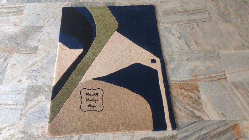 Handtuftad geometrisk modern ullmatta – Grön modern matta från mitten av århundradet för sovrum, vardagsrum, blå och grön abstrakt matta 8x10, 9x12 bild 5