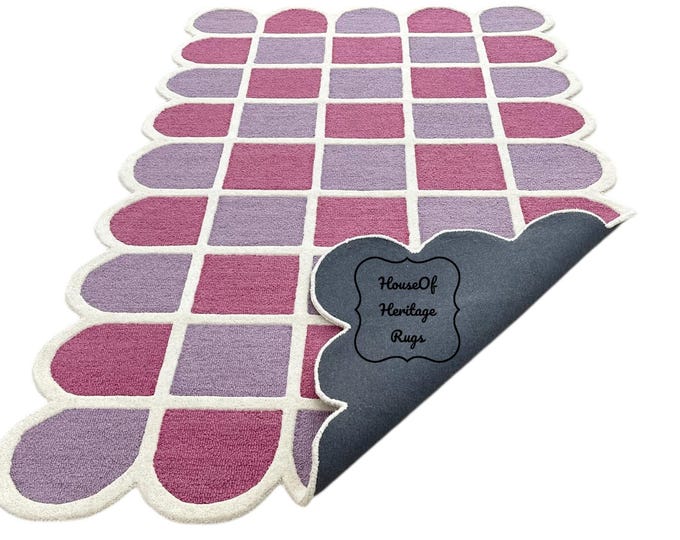 Featured listing image: Modern Geometric Scallop Edge Rug – Purple Lavender Checkerboard Accent Carpet For Living Room, Kids Room, Office, Bedroom - 8x10, 9x12 Rug