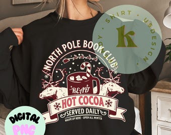 North Pole Book Club Hot Cocoa Print, Winter Holiday Wall Decor, Christmas Themed PNG, Cozy Seasonal Art for Hot Cocoa Lovers