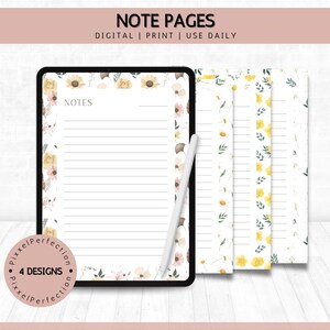 Pagine di appunti digitali in 4 design | Grafica floreale | Pagine di appunti da stampare | Carta per appunti A4 | Buone note | Notabilità