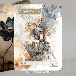 May include: A watercolor-style card featuring an "Angel Warrior" with blonde hair and feathered wings. The card has a white border and includes the text "Flying" and "4/4". A second card with a black lotus flower is visible.