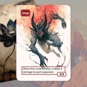 May include: Two fantasy art cards. One features a black lotus flower. The other card has a watercolor illustration of a demonic creature with red eyes and the text "Imp". The card also includes the text "When this creature dies, it deals 2 damage to each opponent. 2/2".