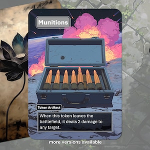 May include: A digital art card featuring a blue case labeled "Munitions" containing several bullets. The background shows a space scene with a pink and purple explosion. Text at the bottom reads "Token Artifact".