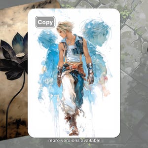 May include: A digital art print featuring a male character with blonde hair, wearing a white tank top, blue vest, and white pants with blue accents. The image has a watercolor effect with blue and white hues. The word "Copy" is in the top left corner.