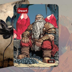 Puede incluir: Una carta de juego rectangular que presenta a un personaje enano barbudo con armadura dorada ornamentada y ropa roja, sentado ante grandes cristales rojos. La carta muestra el texto Dwarf arriba a la izquierda y 2/2 abajo a la derecha, con un loto negro.