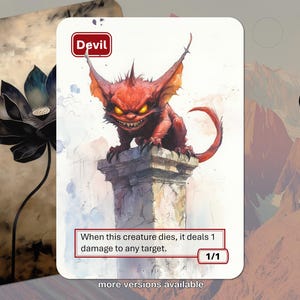 Peut inclure: Carte de fantasy avec une créature rouge diabolique aux yeux jaunes, perchée sur une structure en pierre. La carte est étiquetée "Devil" et contient du texte sur les dégâts. Un motif floral noir et blanc est visible à gauche.