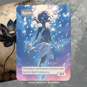 May include: A fantasy card depicting a blue-skinned spirit with blue hair and a white outfit, set against a backdrop of blue water effects. The card is labelled "Spirit" and includes the text "This token can't block or be blocked by non-Spirit creatures." The card is 1/1.