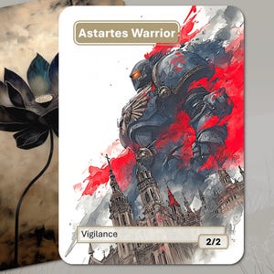 Peut inclure: Carte représentant un Astartes Warrior en armure sombre avec des touches de rouge, sur fond aquarelle. La carte comprend le texte "Astartes Warrior" et "Vigilance", avec un indicateur de puissance/endurance 2/2.