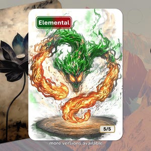 Op de afbeelding: Een fantasy art kaart met een groen en oranje elementaal wezen. De kaart heeft het woord "Elemental" bovenaan en een kracht van 5/5 onderaan. Links staat een zwart-witte lotusbloem.