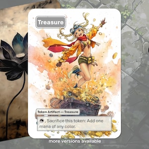 Puede incluir: Carta coleccionable de fantasía con una mujer saltando sobre un cofre del tesoro lleno de monedas de oro. La carta está etiquetada como "Treasure" e incluye texto del juego. Se ve una segunda carta con una flor de loto negra.