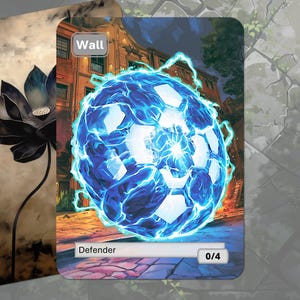 Op de afbeelding: Een rechthoekige ruilkaart met een gloeiende blauwe energiebol met witte geometrische patronen, bovenaan gelabeld met Wall en onderaan met Defender 0/4, naast een kaart met een donkere lotusbloem op een beige achtergrond.