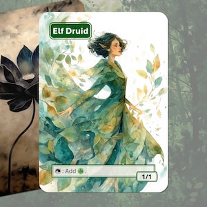 May include: Two fantasy art cards. One features a black lotus flower on a textured background. The other card depicts an Elf Druid in a flowing green dress with leaf-like details, with the text "Elf Druid" and "Add".
