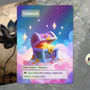 May include: A fantasy-themed card featuring a treasure chest overflowing with gold coins, set against a backdrop of a starry sky and fluffy clouds. The card is labeled "Treasure" and includes text about sacrificing the token for mana.