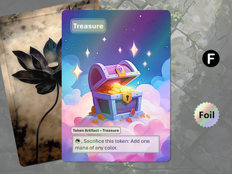 May include: A fantasy-themed card featuring a treasure chest overflowing with gold coins, set against a backdrop of a starry sky and fluffy clouds. The card is labeled "Treasure" and includes text about sacrificing the token for mana.