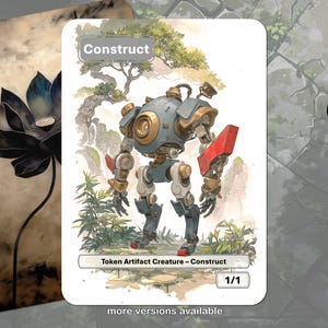 Op de afbeelding: Fantasiekaart met een Construct-robot met een rode arm, tegen een achtergrond van een bonsai-boom en bladeren. De kaart heeft bovenaan de tekst "Construct" en onderaan "Token Artifact Creature - Construct", met "1/1" eronder.