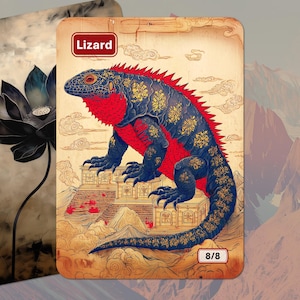 Könnte beinhalten: Zwei illustrierte Karten. Eine zeigt eine schwarze Lotusblume. Die andere Karte hat eine Eidechsenillustration mit dem Wort "Lizard" oben. Die Eidechse ist blau, rot und goldfarben, mit der Nummer "8/8" unten.