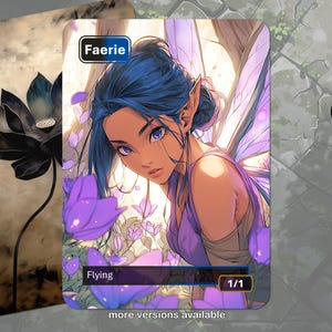 May include: An illustrated card depicting a blue-haired faerie with purple wings and flowers. The card is labelled "Faerie" and "Flying", with a 1/1 designation. A second card with a black lotus flower is visible in the background.