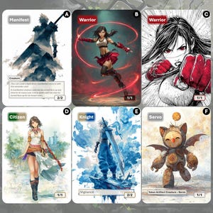 May include: Set of six fantasy art trading cards. Each card features a different character illustration with text labels. The cards include a warrior, knight, and citizen, with various power levels and abilities.