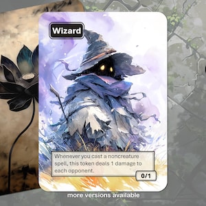 May include: A fantasy-themed card featuring a wizard with a large hat and tattered cloak. The card has the word "Wizard" at the top and text describing its abilities. A second card with a black lotus flower is visible.